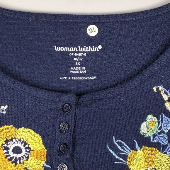 Woman Within 3X Plus Floral Embroidered Waffle Knit Top Blue Short Sleeve NWT - Picture 3 of 7